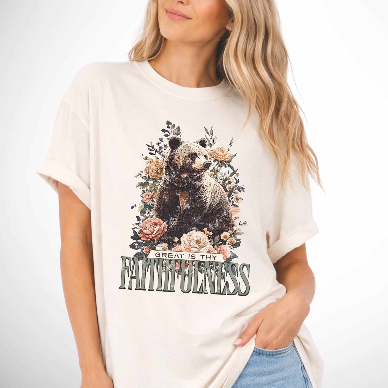 Great is thy faithfulness with an oversized graphic of a bear and flowers on a comfort colors ivory tee
