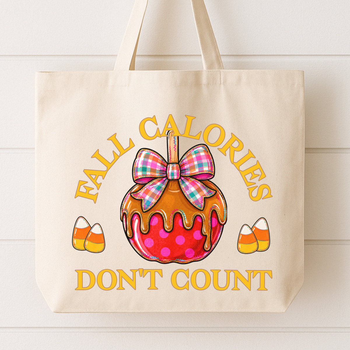 Fall Calories Don't Count Candy Apple Canvas Tote Bag / Shopping Tote.  Cute polka dot candy apple with a colorful fall bow