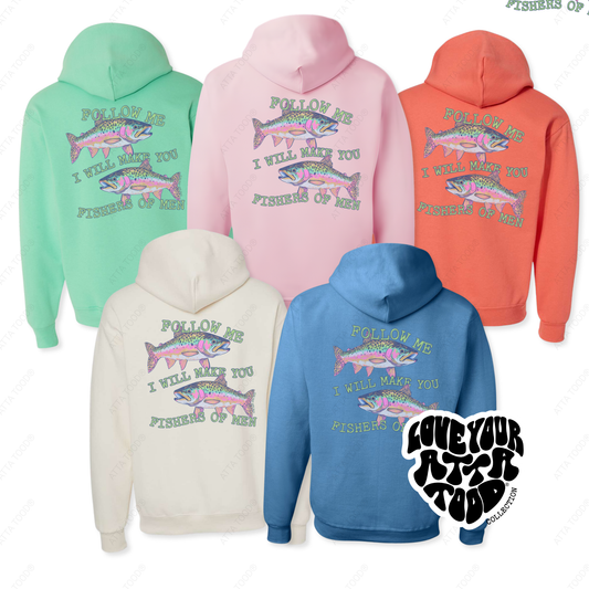 Five hoodies in different colors with fishing-themed designs .  Follow me I will make you fishers of men bible verse
