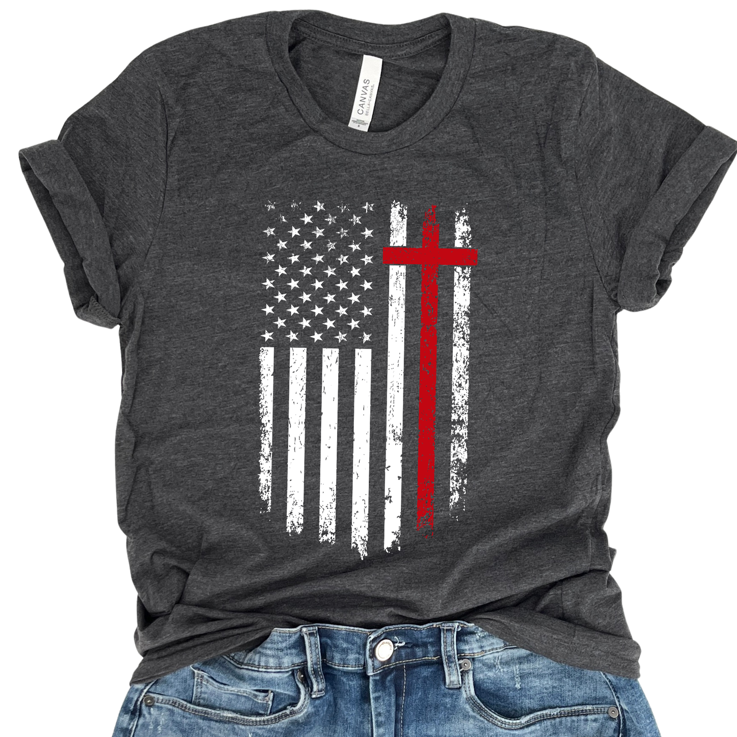 Distressed American flag Christian graphic t-shirt, Fourth of July top
