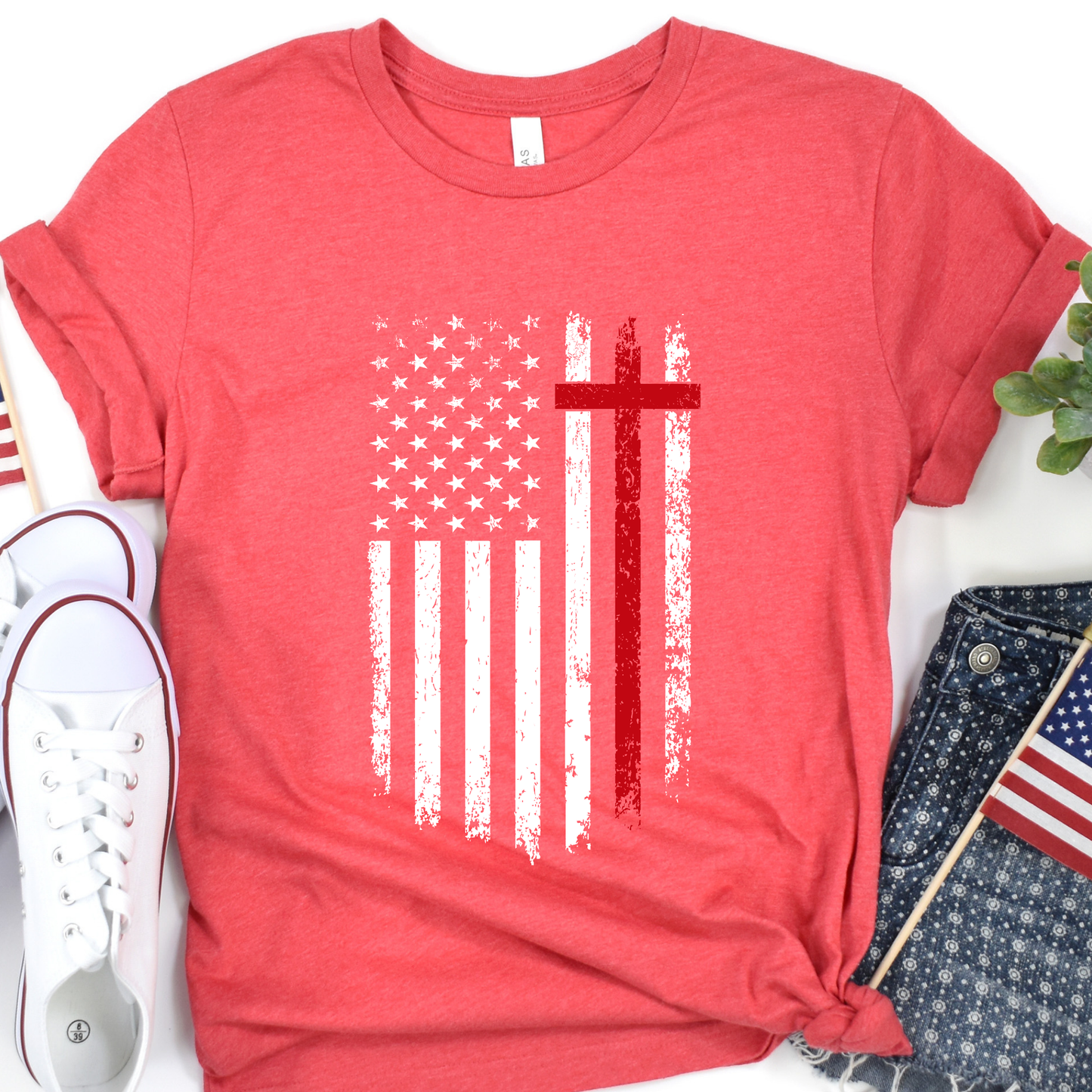 Distressed American flag Christian graphic t-shirt, Fourth of July top