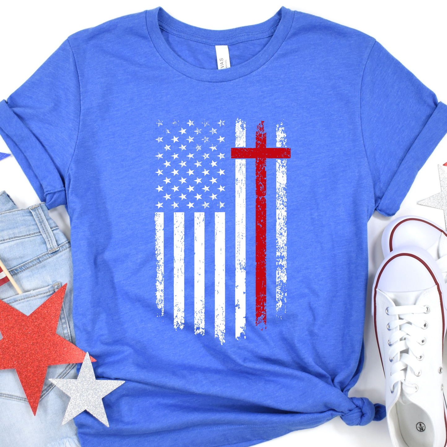 Distressed American flag Christian graphic t-shirt, Fourth of July top