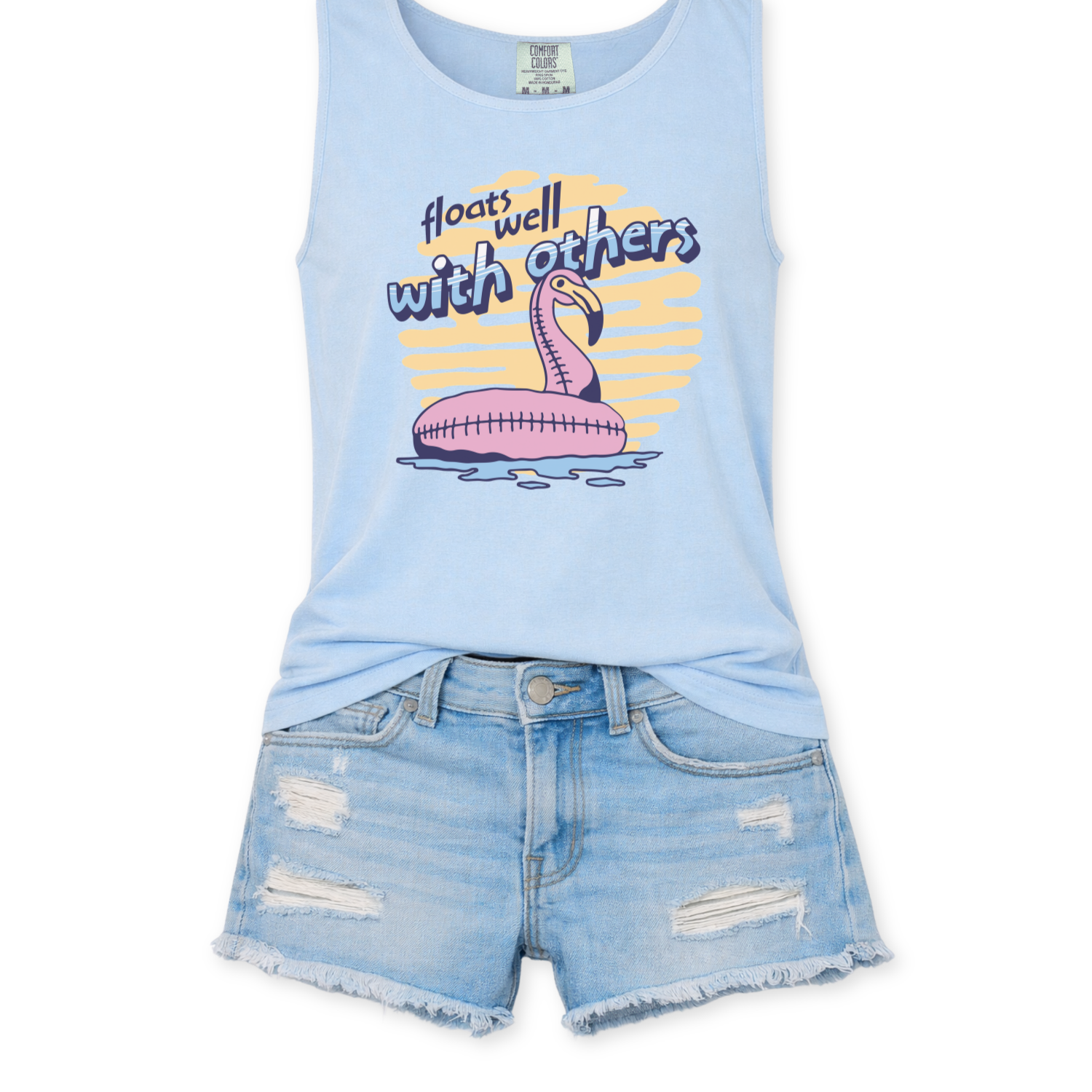 blue tank top with a flamingo floaty graphic design that says floats well with others.