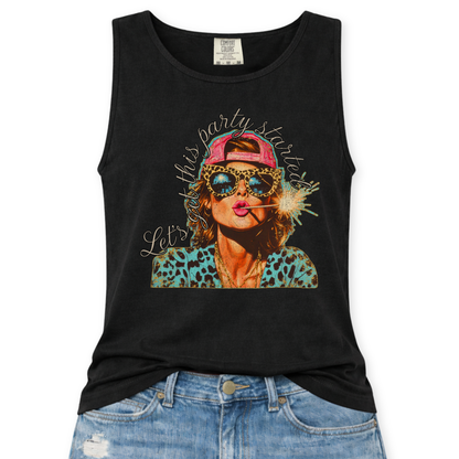 Black Comfort Colors tank top featuring a colorful patriotic graphic of a woman wearing leopard print sunglasses and a pink hat holding a sparkler with the phrase “Let’s Get This Party Started,” styled with light wash denim jeans.