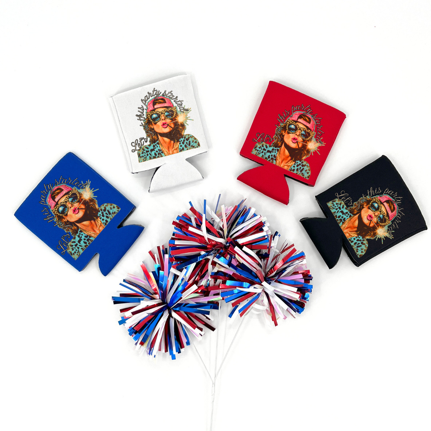 Red, White, Blue and black collapsible can cooler displayed flat with a patriotic red, white, and blue pom pom in the foreground. The graphic features a woman wearing leopard print sunglasses, a pink backwards cap, and a teal leopard print top while holding a lit sparkler in her mouth. Script text reads “Let’s get this party started.” White can cooler with full color party-themed patriotic graphic.