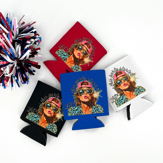 Red, White, Blue and black collapsible can cooler displayed flat with a patriotic red, white, and blue pom pom in the foreground. The graphic features a woman wearing leopard print sunglasses, a pink backwards cap, and a teal leopard print top while holding a lit sparkler in her mouth. Script text reads “Let’s get this party started.” White can cooler with full color party-themed patriotic graphic.