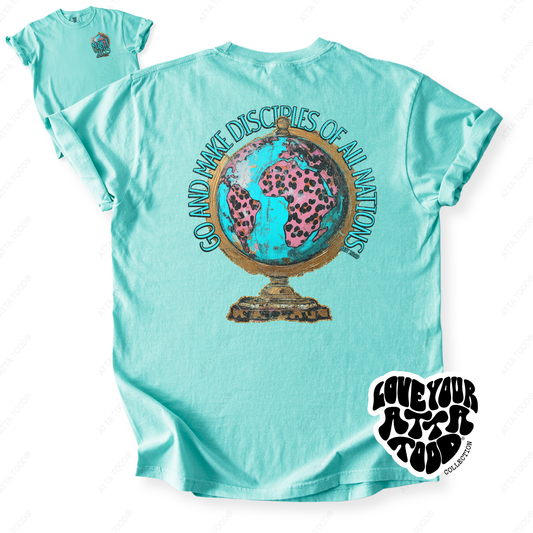 Light blue t-shirt with a graphic design of a globe and text on the back.  Go and make disciples
