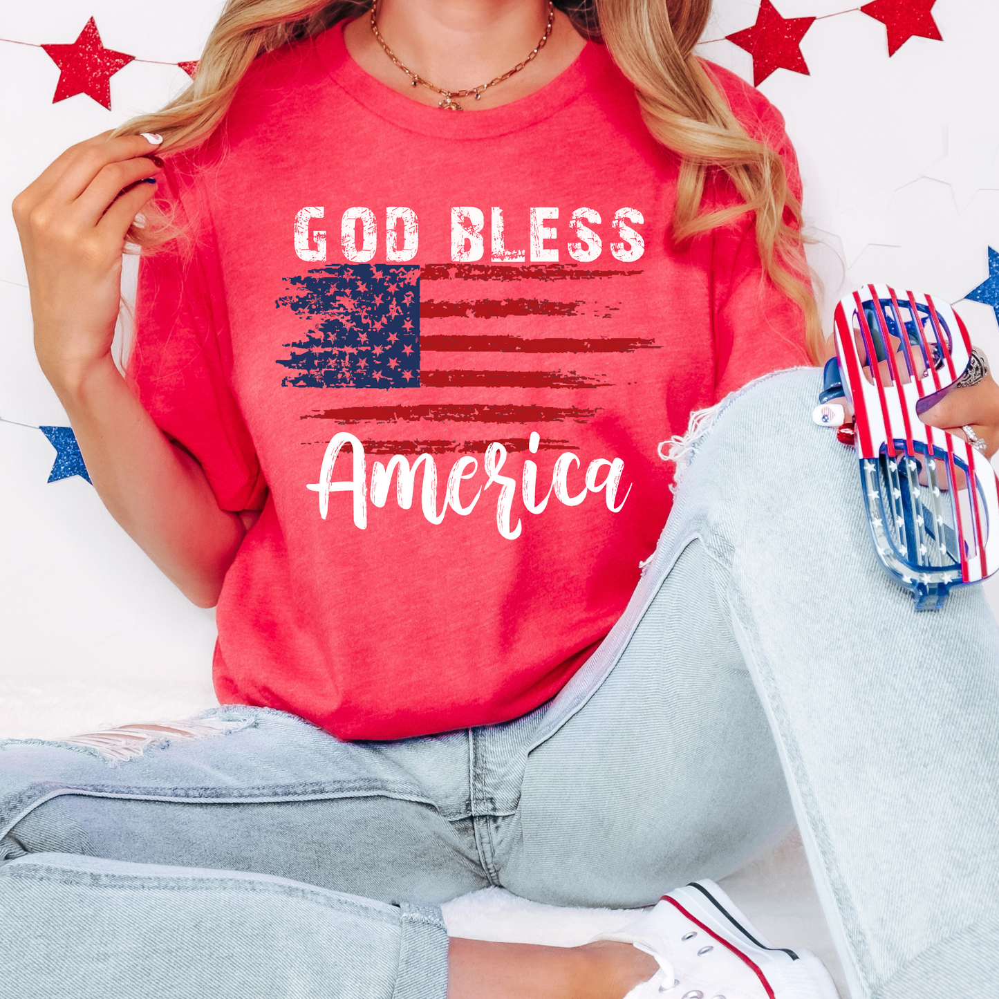 God Bless America distressed 4th of July graphic t-shirt
