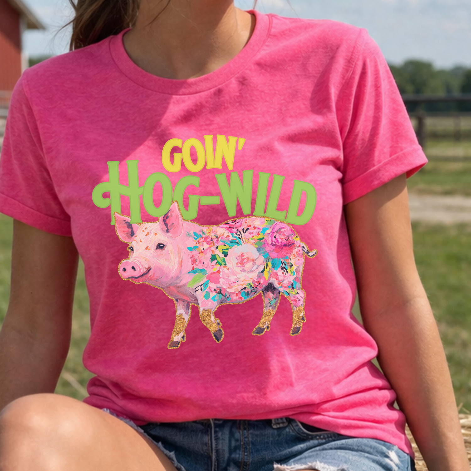 Goin hog wild featuring a floral pig on a bella canvas heather charity pink t-shirt