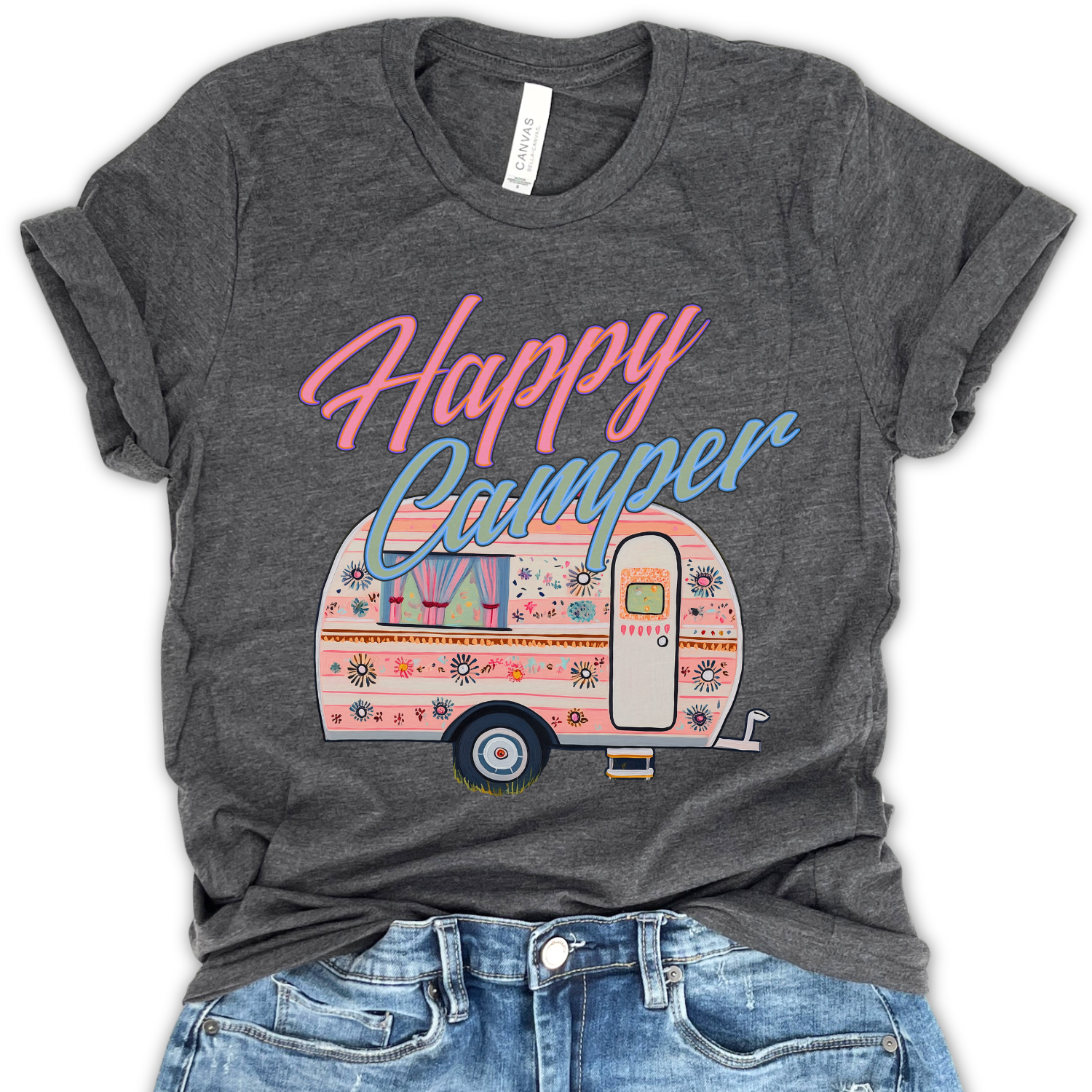 Gray t-shirt with 'Happy Camper' design featuring a camper illustration on a white background.