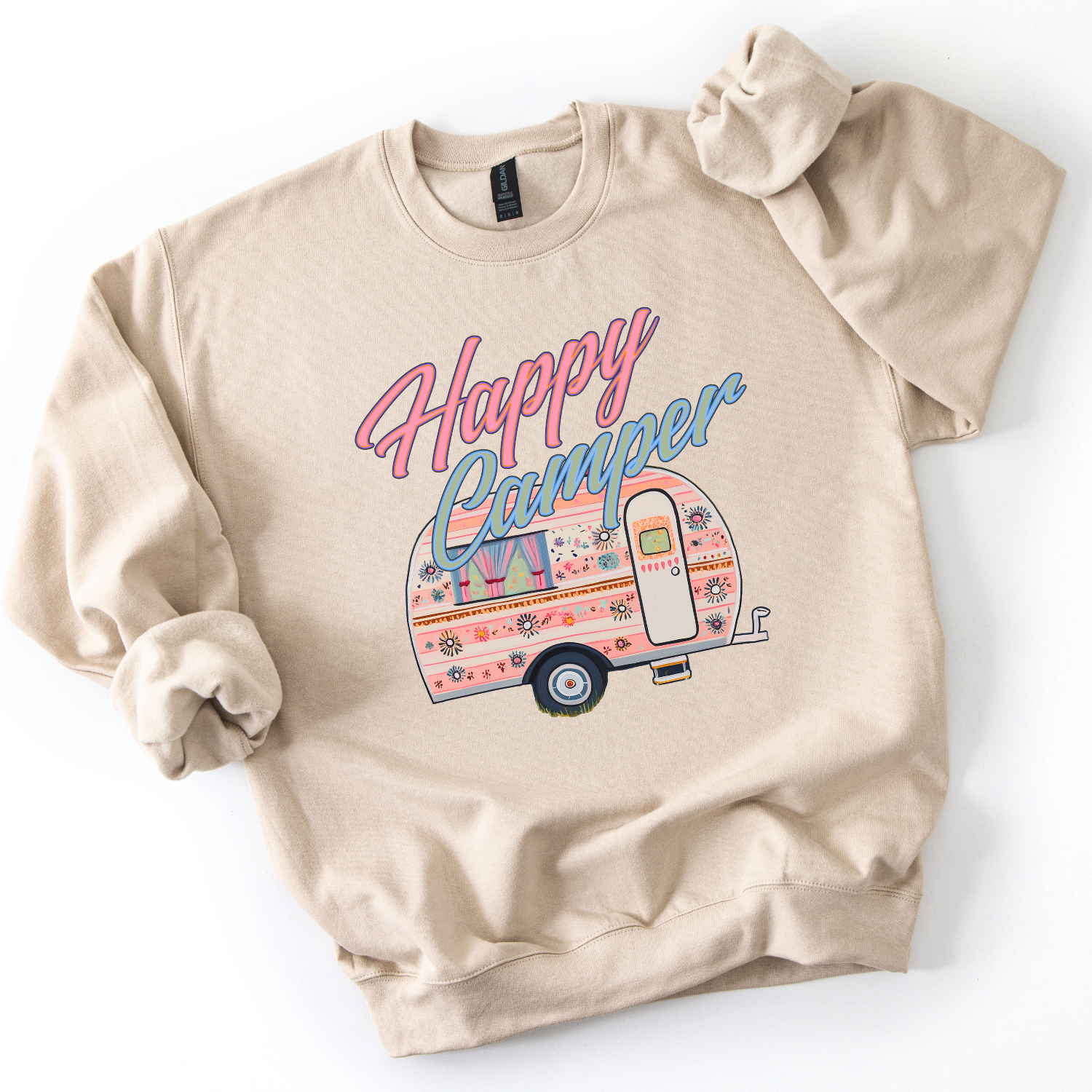 Happy Camper  with a design of a camper on a sand color sweatshirt