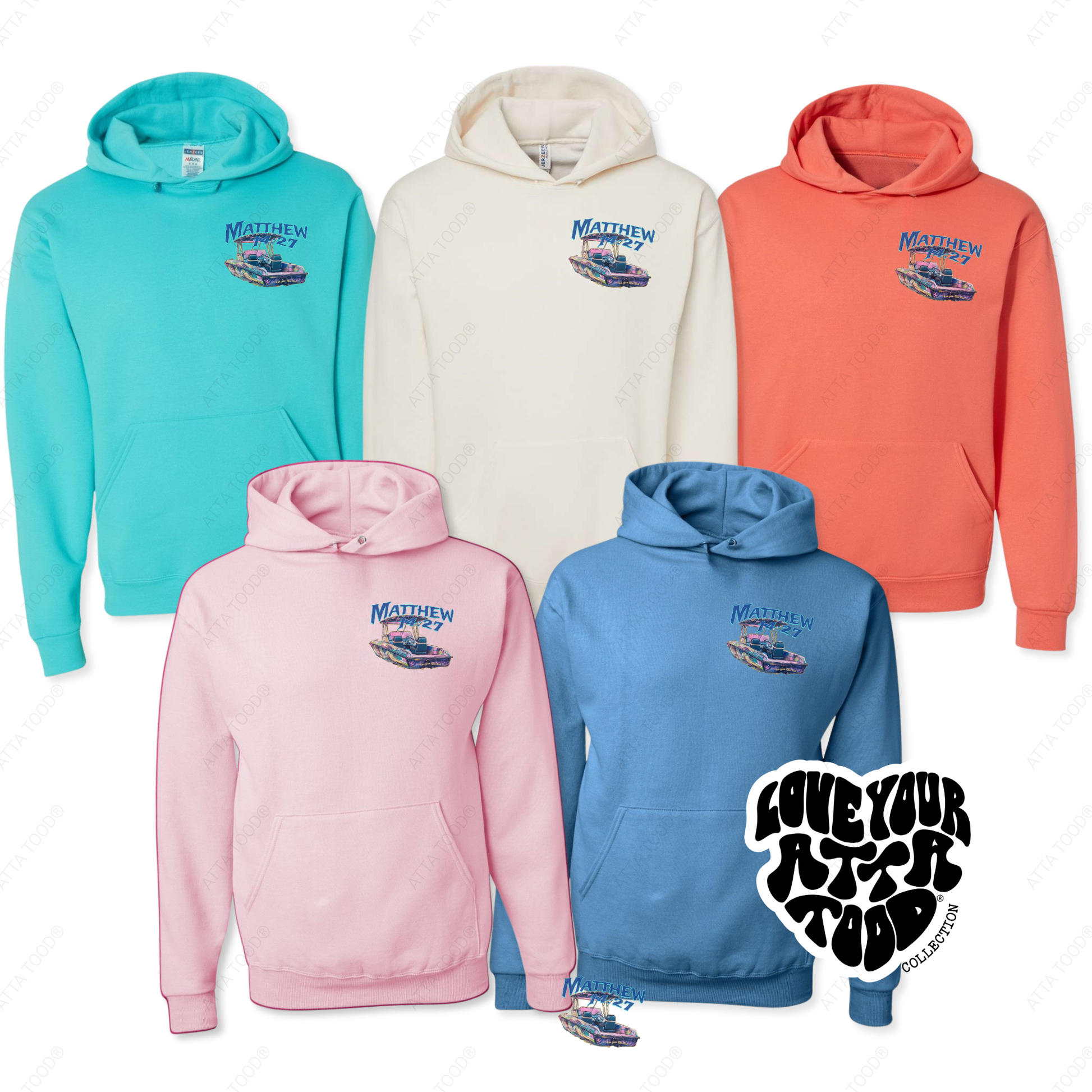 Five hoodies in different colors with a boat graphic and text on the back, on a white background.  He called me out onto the water bible scripture