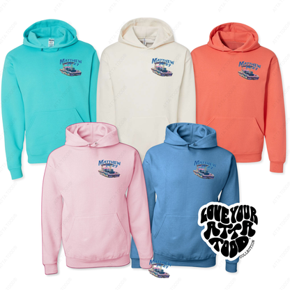 Five hoodies in different colors with a boat graphic and text on the back, on a white background.  He called me out onto the water bible scripture