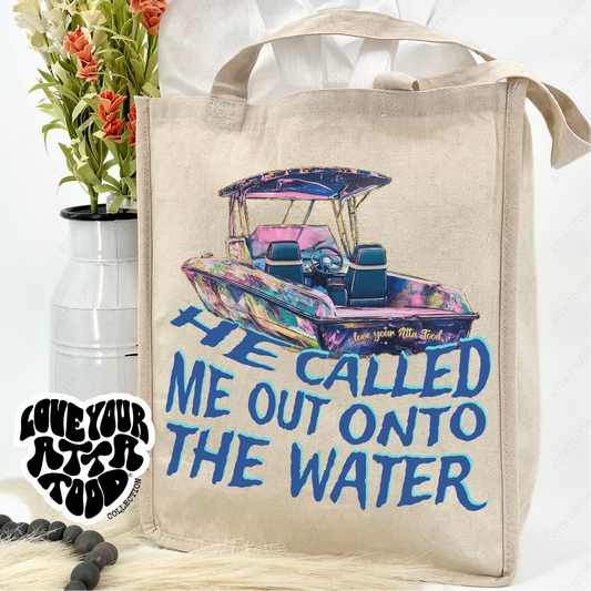 Tote bag with boat graphic and text 'He called me out onto the water' on a white background