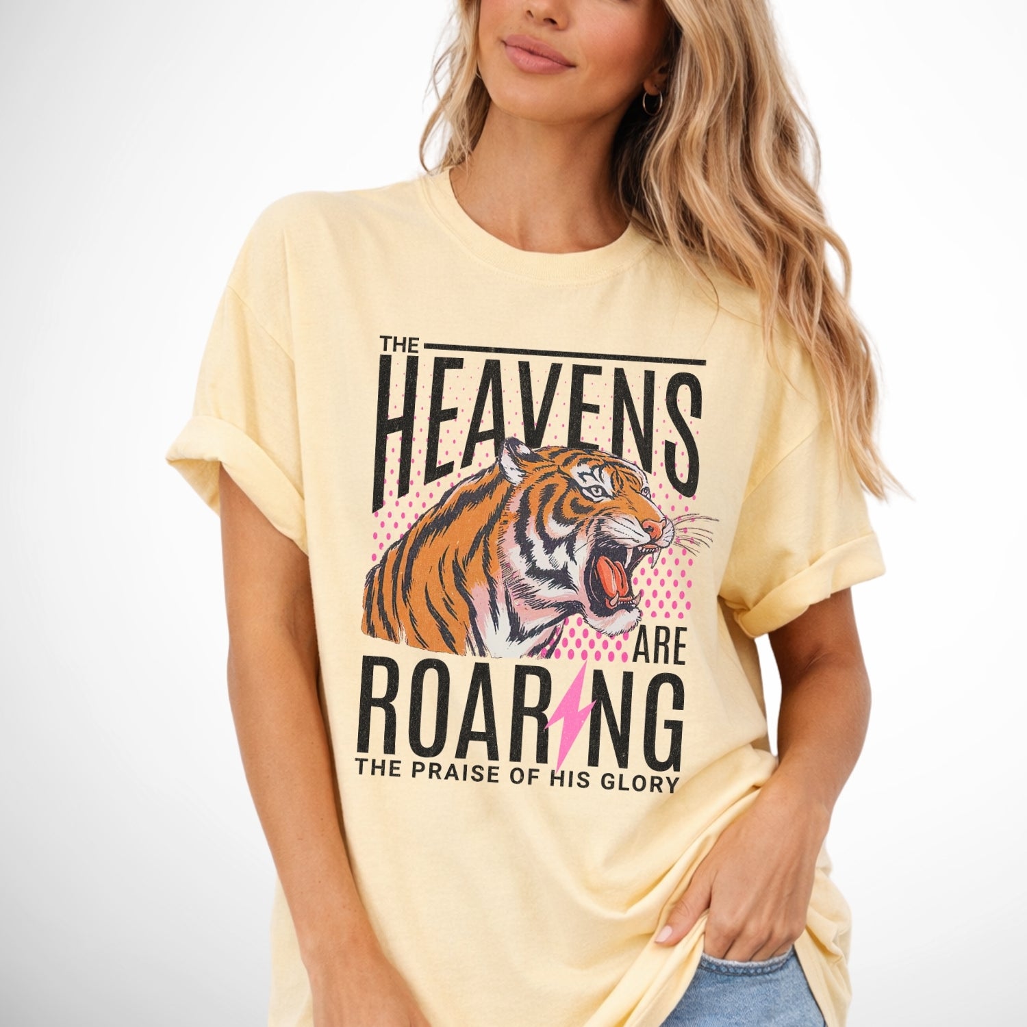 The heavens are roaring the praise of His glory tiger graphic on a comfort colors butter yellow tee
