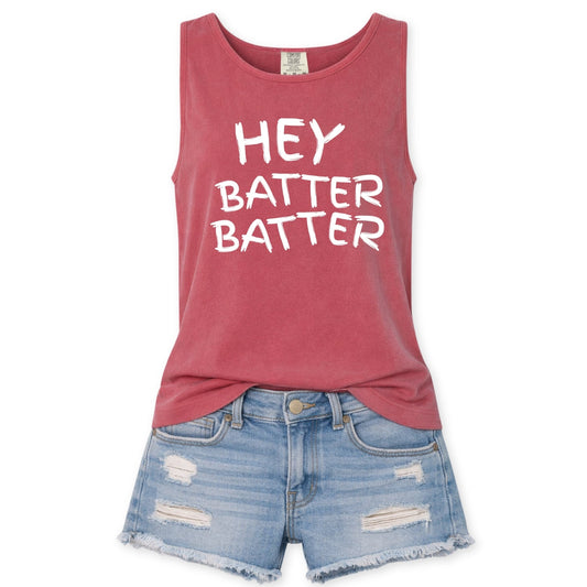 Red tank top with 'HEY BATTER BATTER' text and denim shorts on a white background