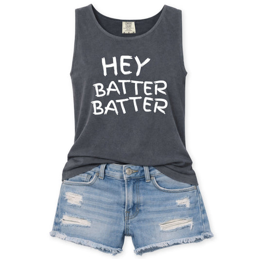 Gray tank top with 'HEY BATTER BATTER' text and denim shorts on a white background