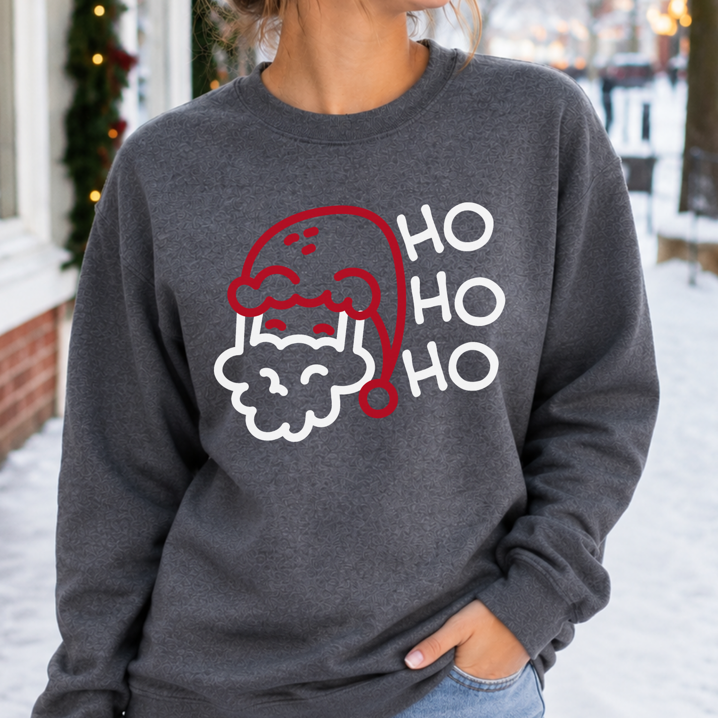 HO HO HO Funny Christmas Santa Graphic on a dark heather Sweatshirt 