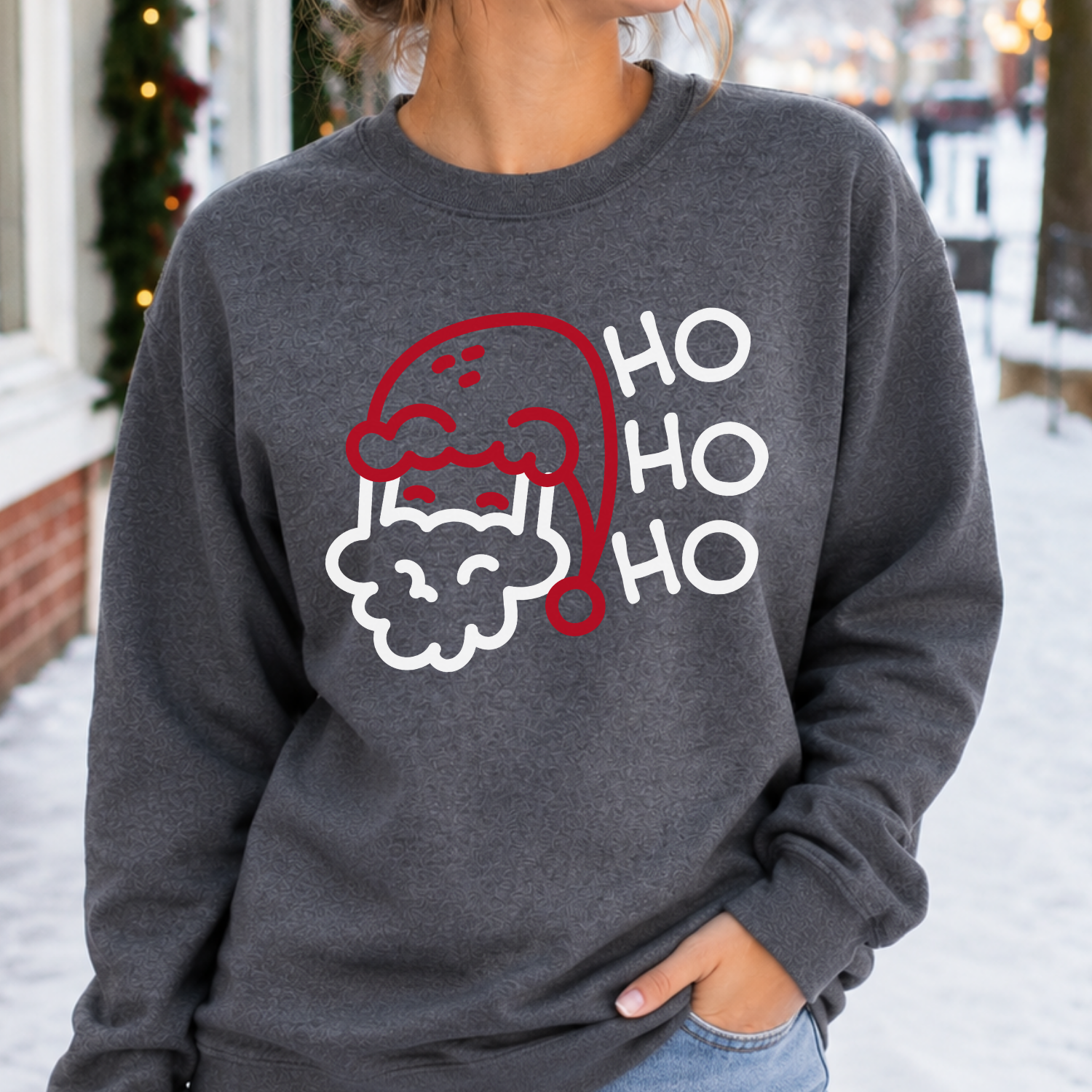 HO HO HO Funny Christmas Santa Graphic on a dark heather Sweatshirt 