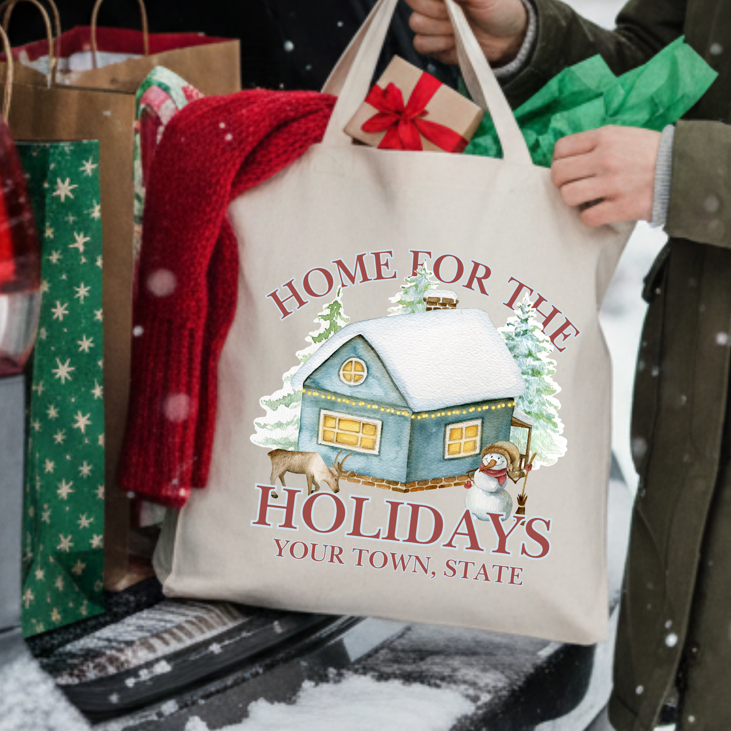 Custom home for the holidays Christmas tote | Book bag