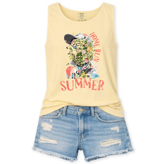 Butter yellow Comfort colors tank top with a baseball player made up of flowers and butterflies with a baseball hat.  the graphic says home run summer