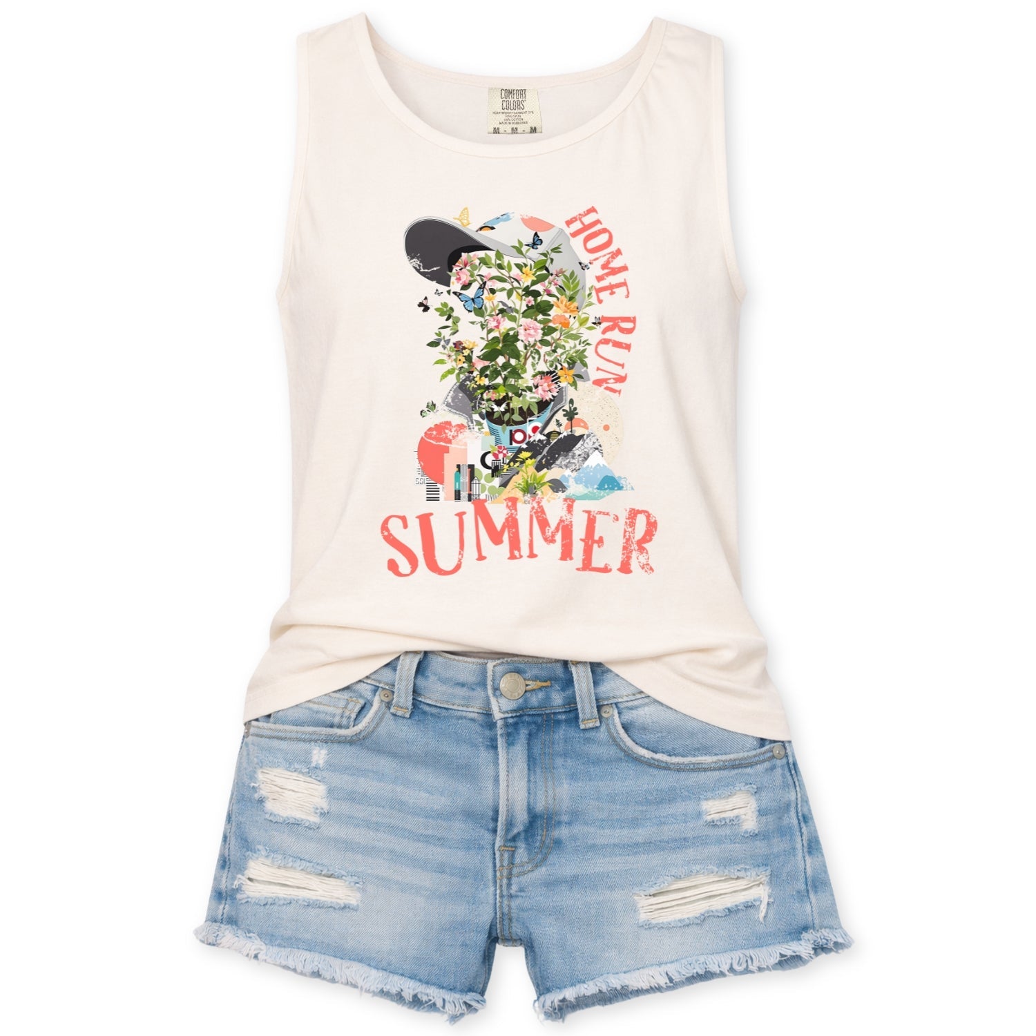 Ivory Comfort colors tank top with a baseball player made up of flowers and butterflies with a baseball hat.  the graphic says home run summer