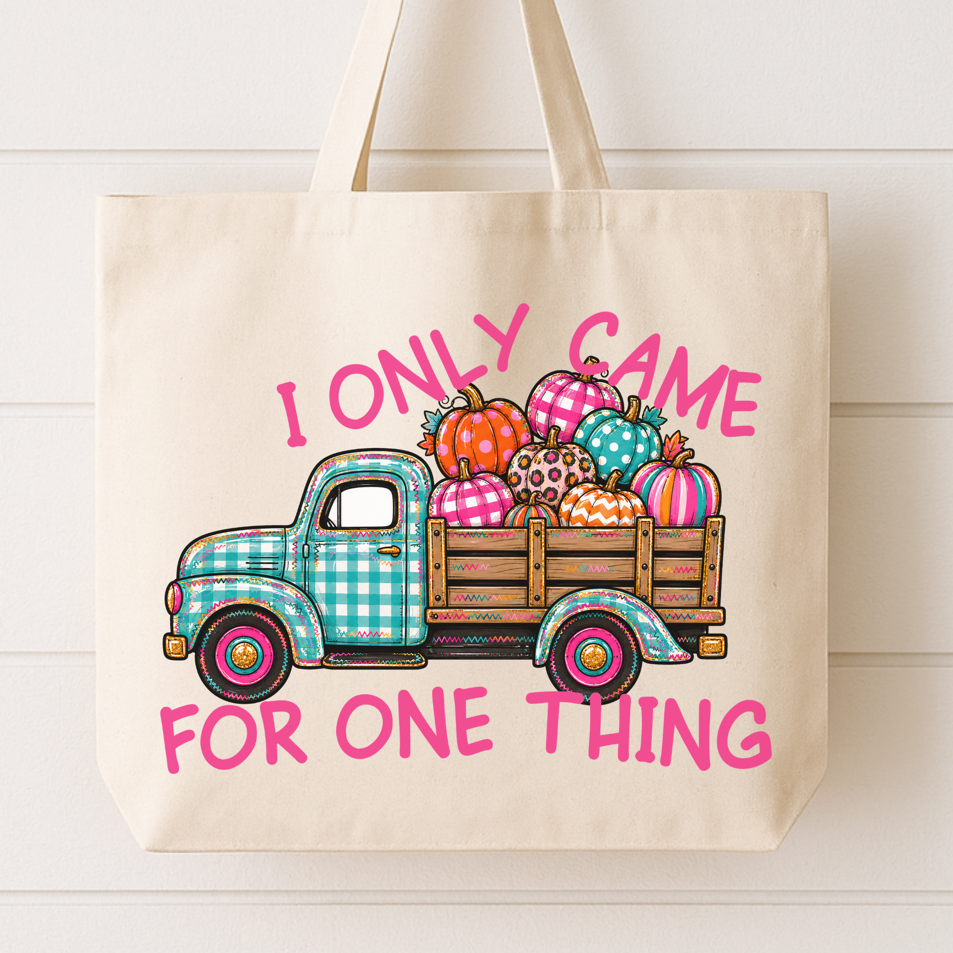I only came for one thing blue and white plaid old fashioned vintage truck carrying colorful pumpkins on a canvas tote bag / shopping bag.