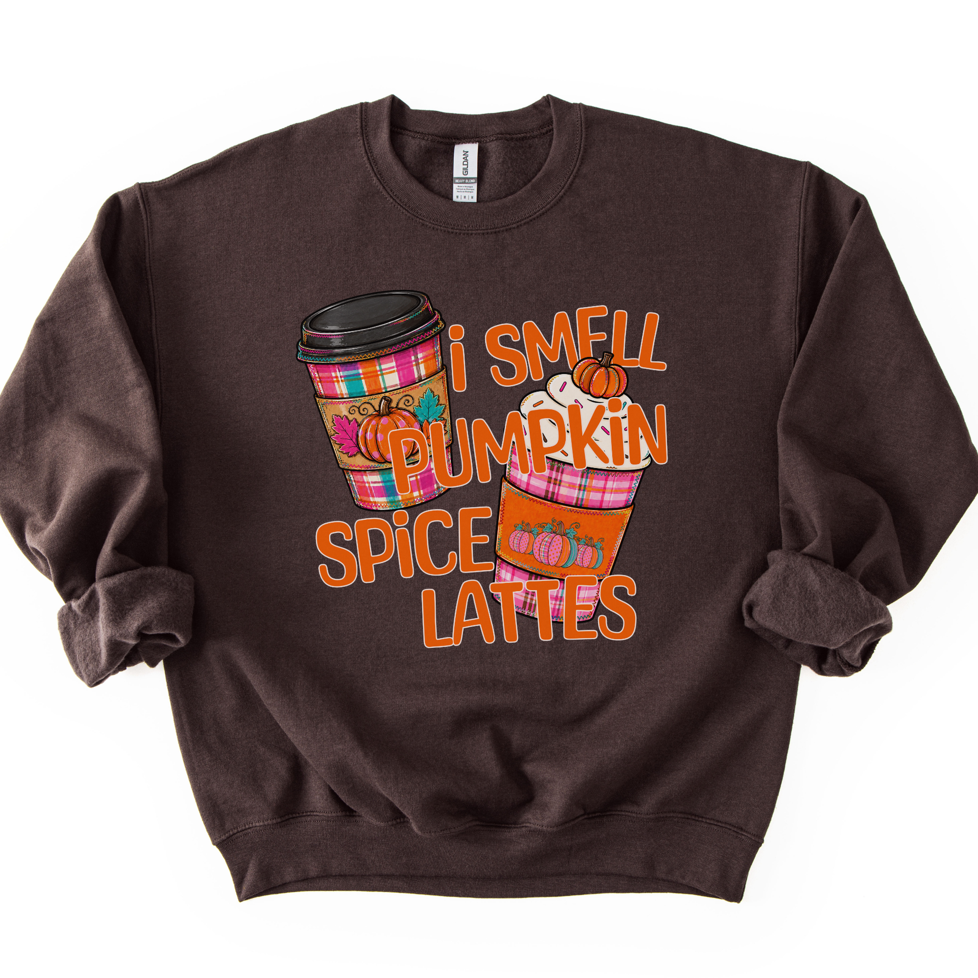 I smell pumpkin spice lattes featuring two coffee cups in fall plaid bright colors, orange, pink and teal with pumpkins on the sleeves of the cup warmers.  Chocolate sweatshirt