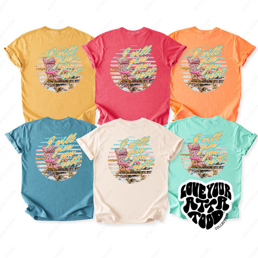 Six colorful Comfort Colors® t-shirts with a pink beach chair and it says I will give you rest on a white background.  colors blue, minty green, ivory, pink, melon, yellow