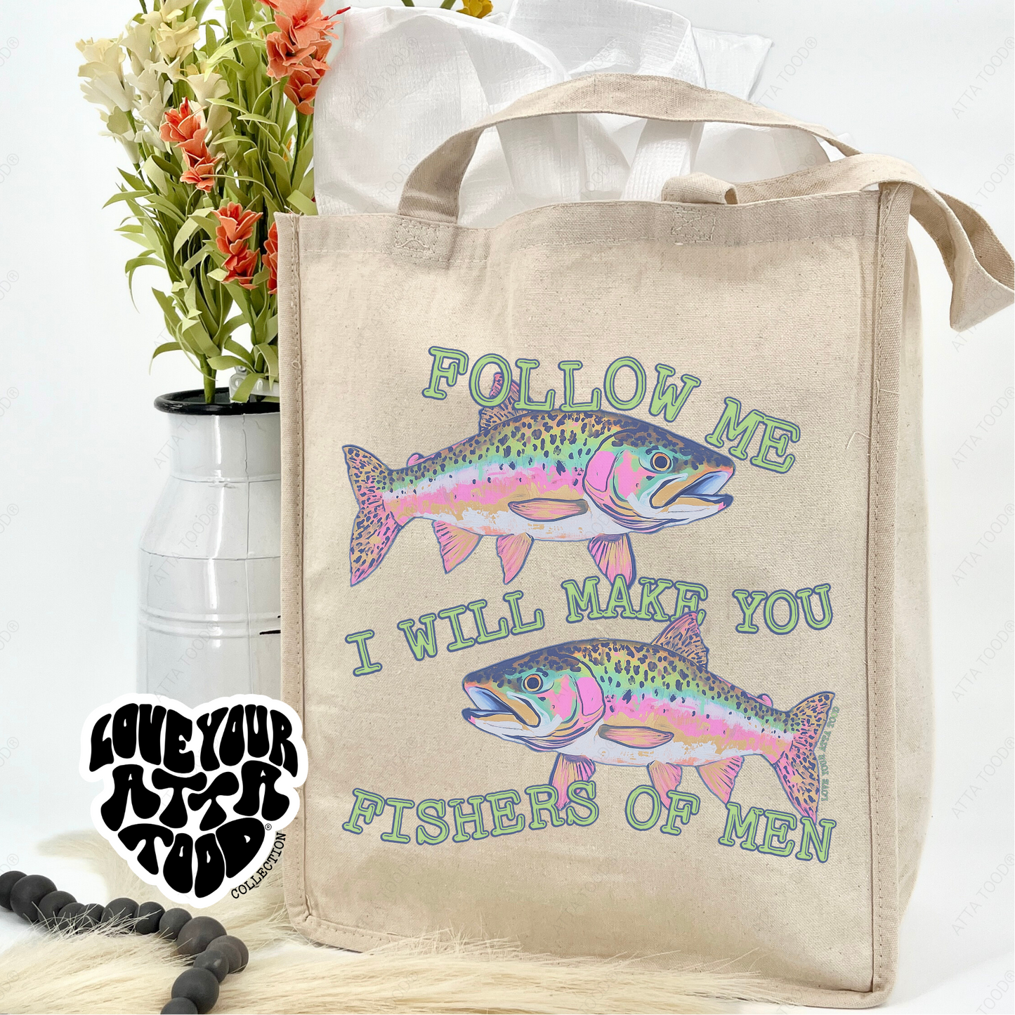 Jumbo tote bag featuring rainbow trout that says follow me I will make you fishers of men.