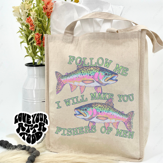 Jumbo tote bag featuring rainbow trout that says follow me I will make you fishers of men.