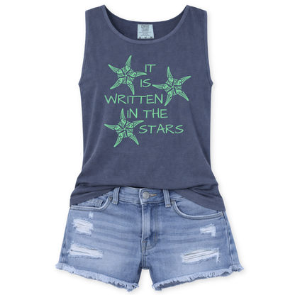 Coastal ocean graphic on a denim Comfort Colors garment dyed unisex tank top. The design features 3 starfish illustration filled with decorative swirl and coastal pattern details that give the sea life artwork a textured, ocean inspired look. The phrase It Is Written In the Stars appears integrated into the graphic.
