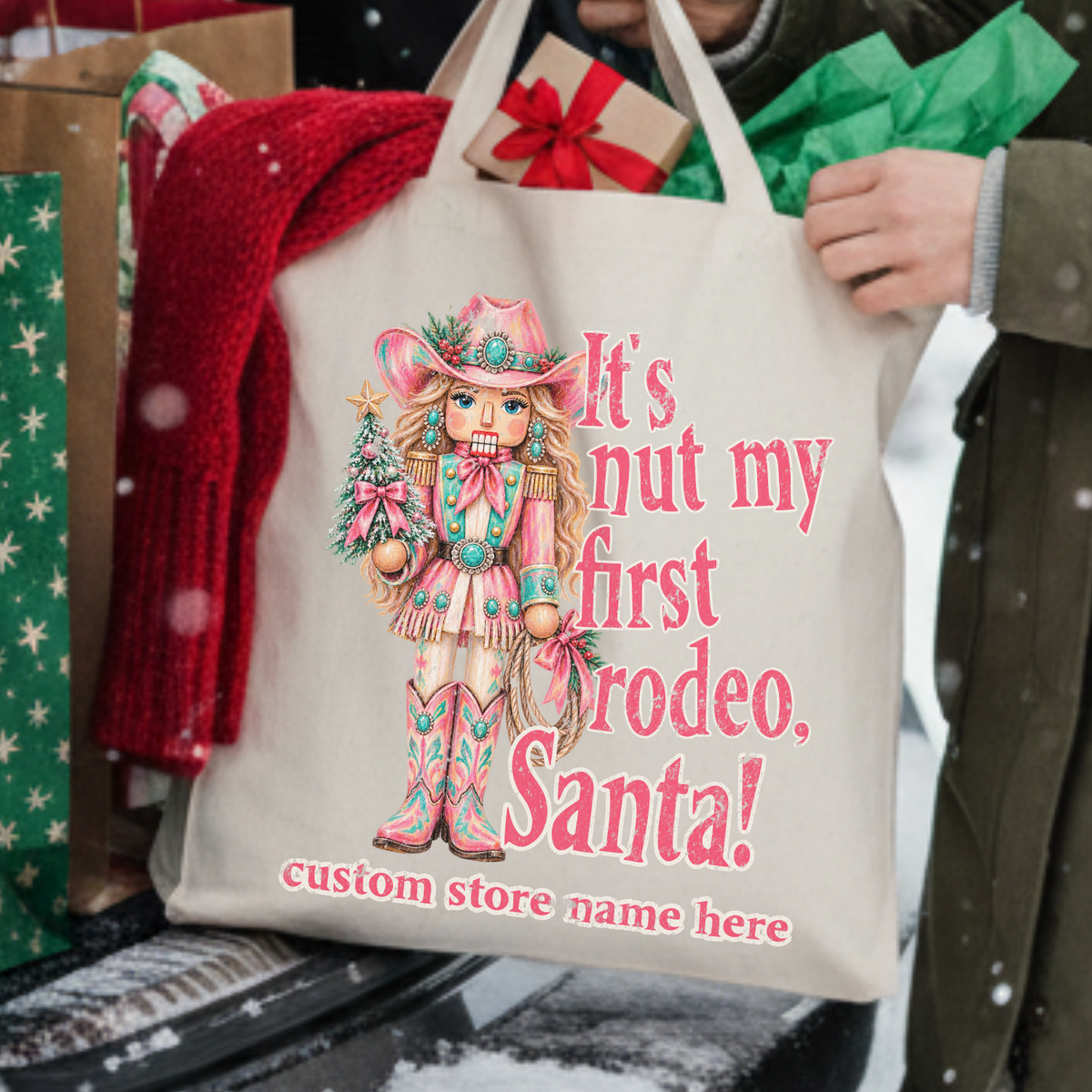 Custom Cowgirl Nutcracker Canvas Tote, Western Christmas Bag