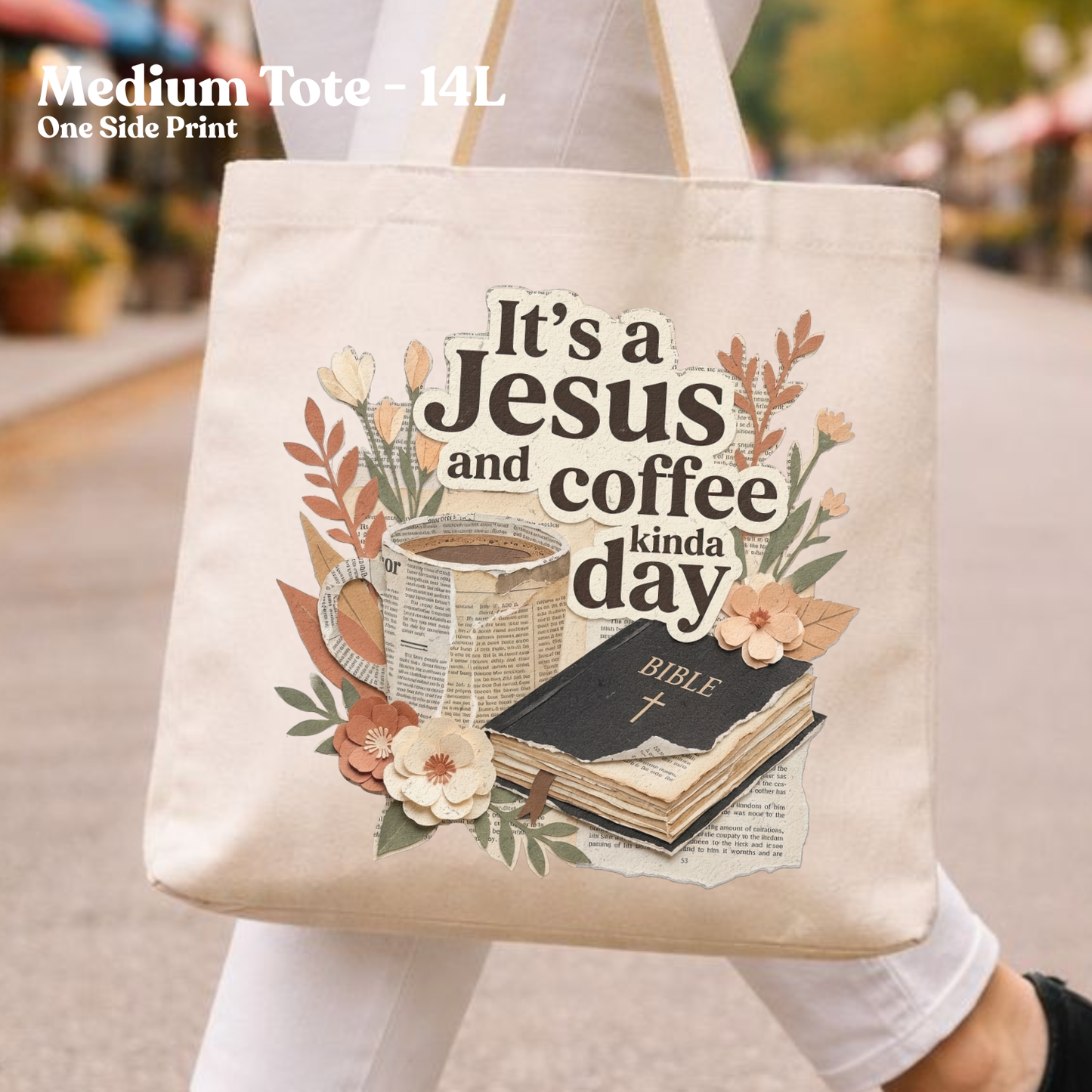 Jesus and Coffee Collage Christian Canvas Tote Bag