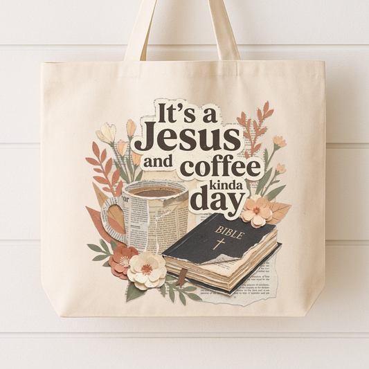 Beige tote bag with 'It's a Jesus and coffee kinda day' text, coffee cup, Bible, and flowers on a white background