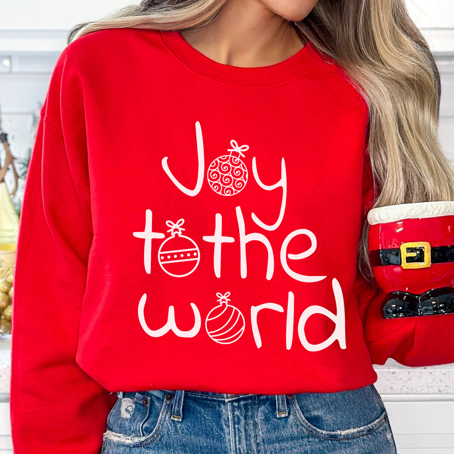 Joy To The World Christmas Ornaments on a red Sweatshirt 