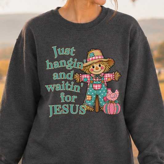 "Just hangin' and waitin' for Jesus" Cute fall scarecrow with blue polka dot bib overalls just hanging around with his cute little pumpkin and chicken at his side. Available on a gray sweatshirt