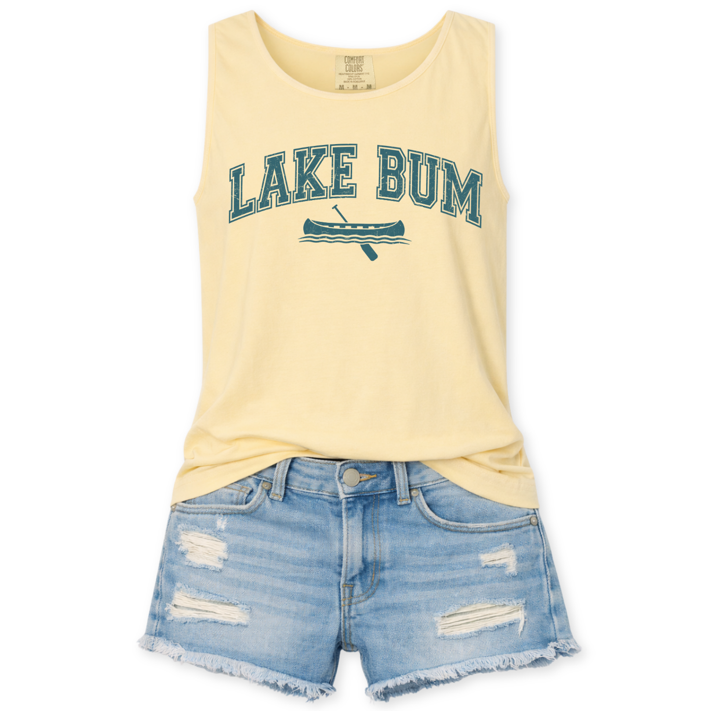 Lake bum on a butter yellow comfort color tank top