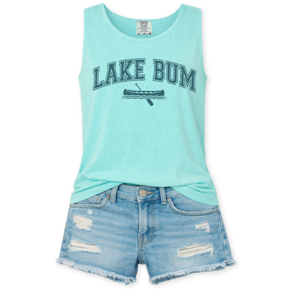 Mint green tank top with 'Lake Bum' text and denim shorts on a white background