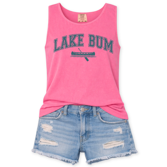 Pink tank top with 'Lake Bum' text and denim shorts on a white background