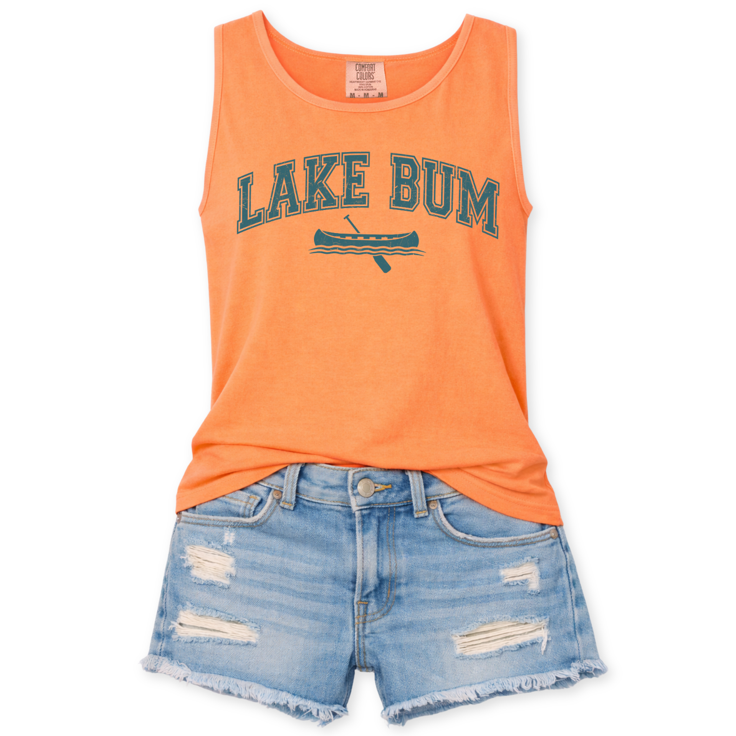 Orange tank top with 'Lake Bum' text and blue denim shorts on a white background