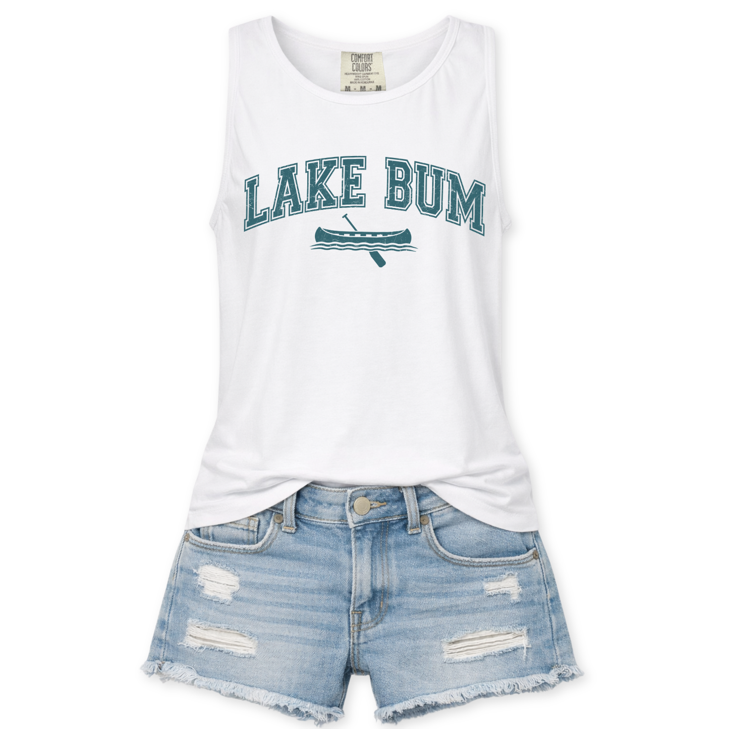 White tank top with 'Lake Bum' text and blue shorts on a white background