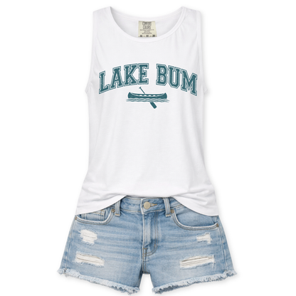 White tank top with 'Lake Bum' text and blue shorts on a white background
