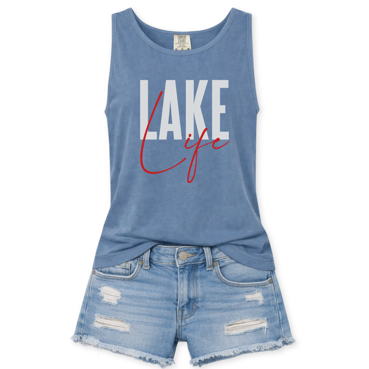 Blue tank top with 'Lake Life' text and denim shorts on a white background