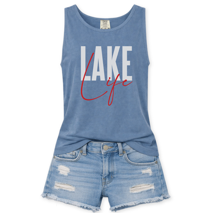 Blue tank top with 'Lake Life' text and denim shorts on a white background
