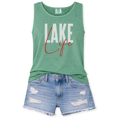 Green tank top with 'Lake Life' text and denim shorts on a white background