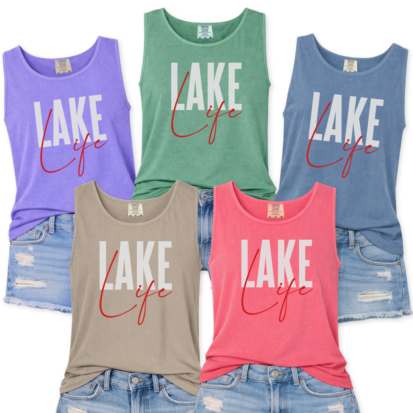 Five tank tops with 'Lake Life' text in various colors on a white background.