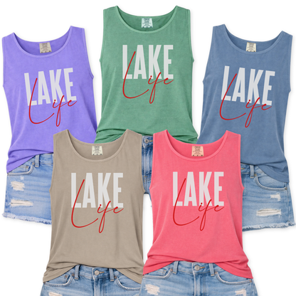 Five tank tops with 'Lake Life' text in various colors on a white background.