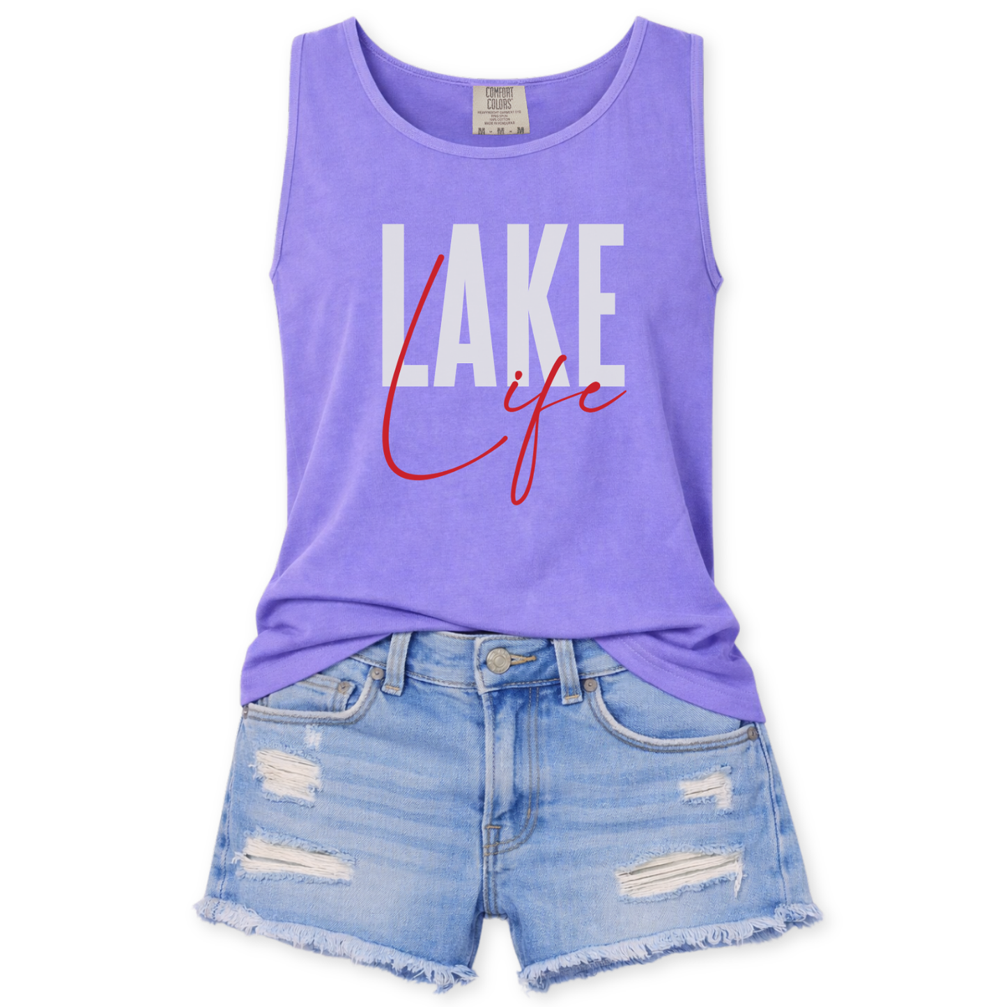 Purple tank top with 'Lake Life' text and denim shorts on a white background