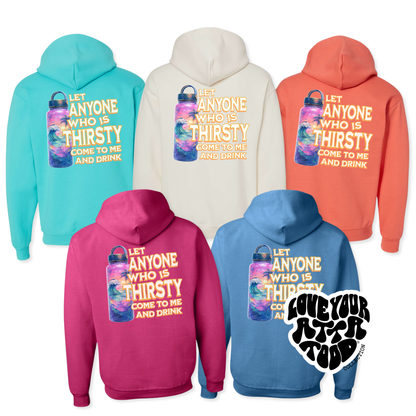 Five hoodies in different colors with a motivational quote and water bottle graphic on the back.